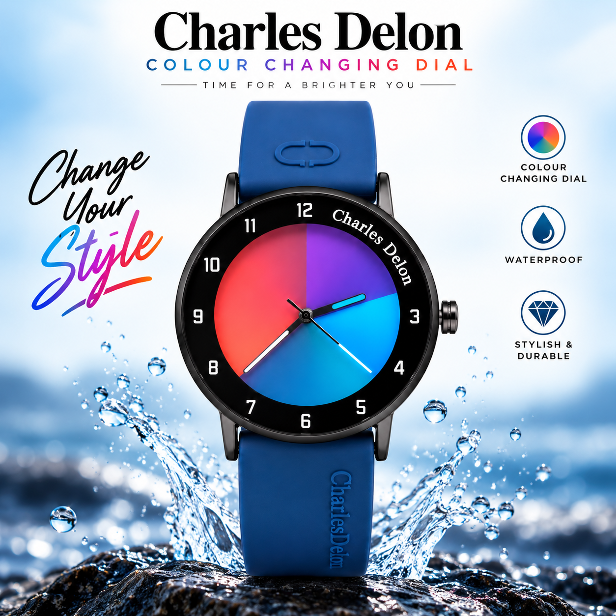 ✨ Charles Delon Waterproof Color-Changing Watch ✨⌚ 💙 স্টাইল, আধুনিকতা ও আকর্ষণীয় লুক—সব একসাথে